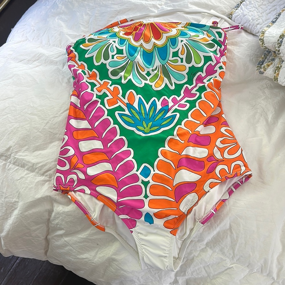 Vibrant Green and Orange One Piece Swimsuit with Tropical Design Trina Turk